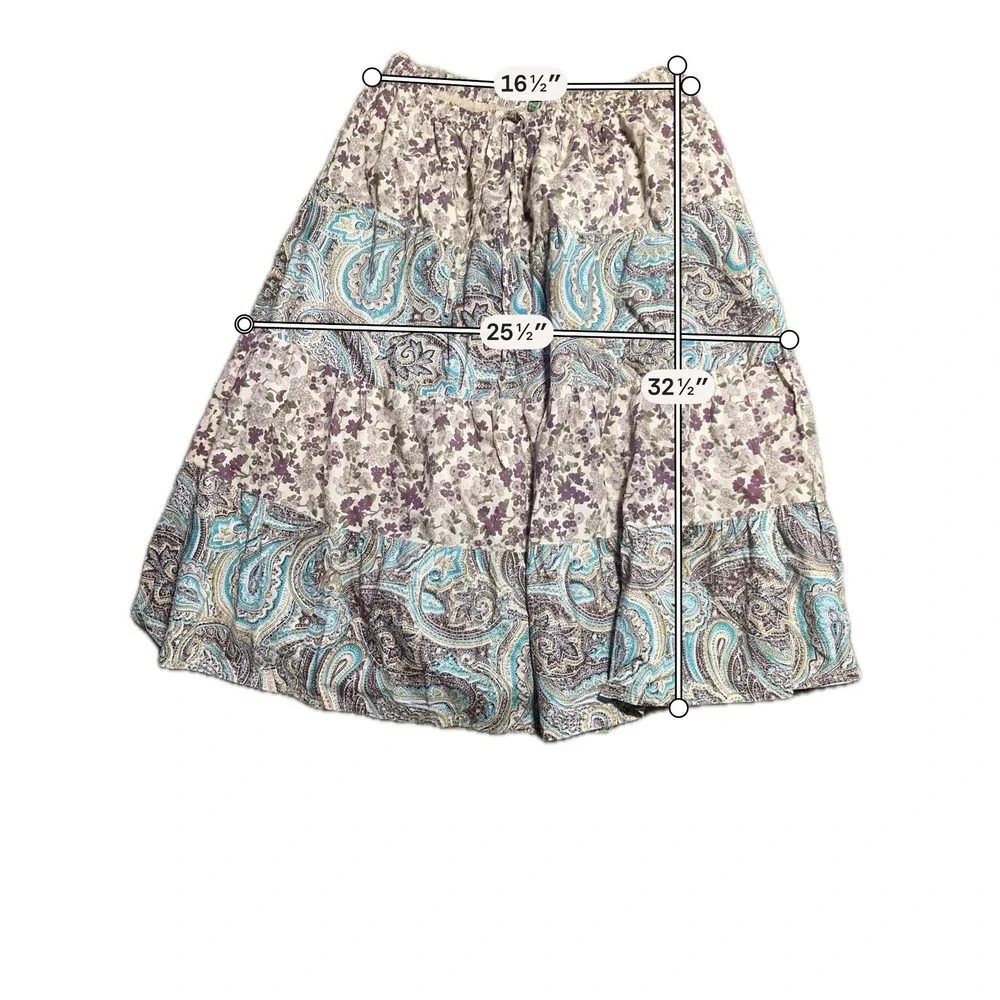 Kaaku Womens Cotton Tiered Midi‎ Skirt Purple Teal Floral Paisley Boho Peasant